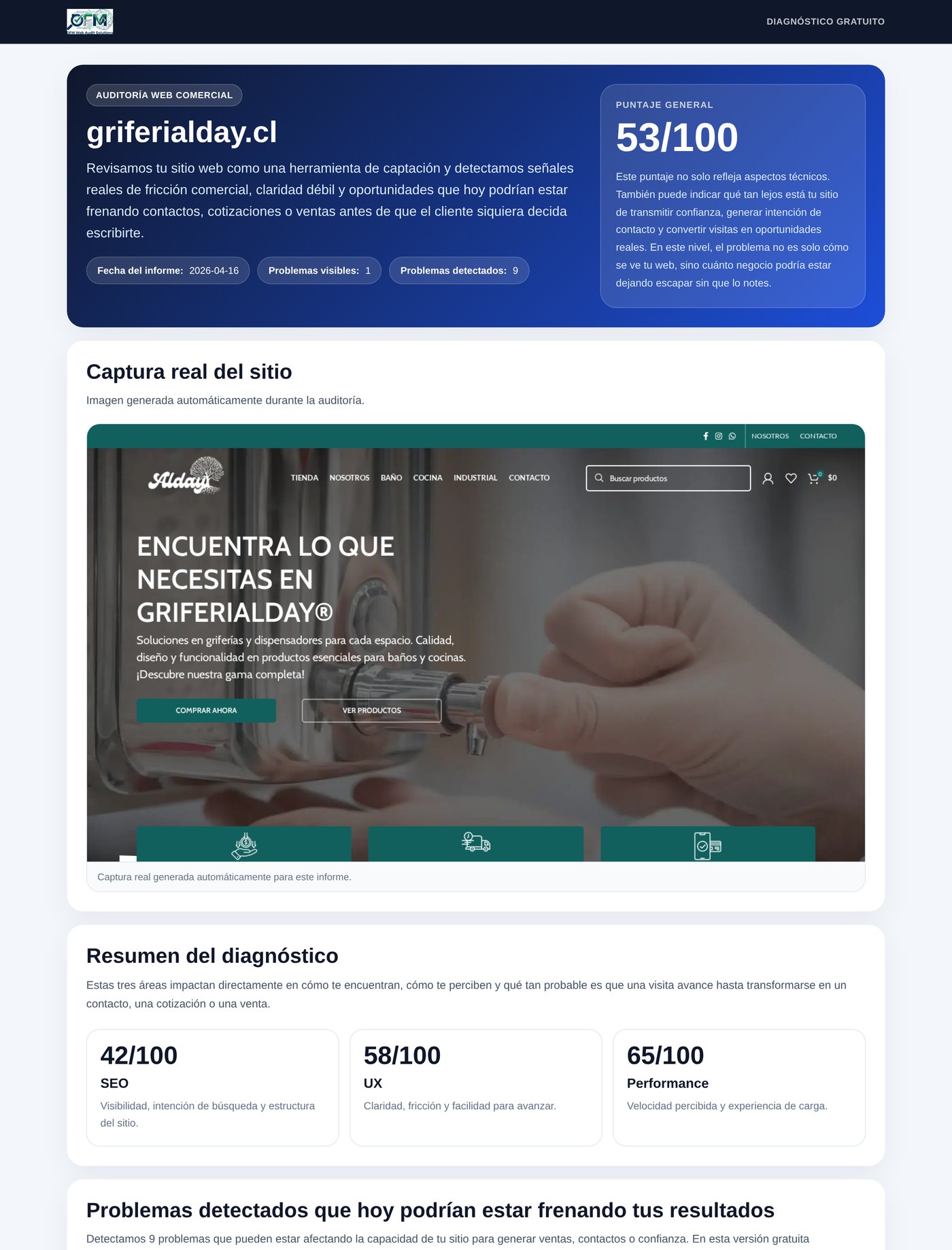 Informe real de auditoría web de griferialday.cl: puntaje general 53/100, captura del sitio y resumen del diagnóstico